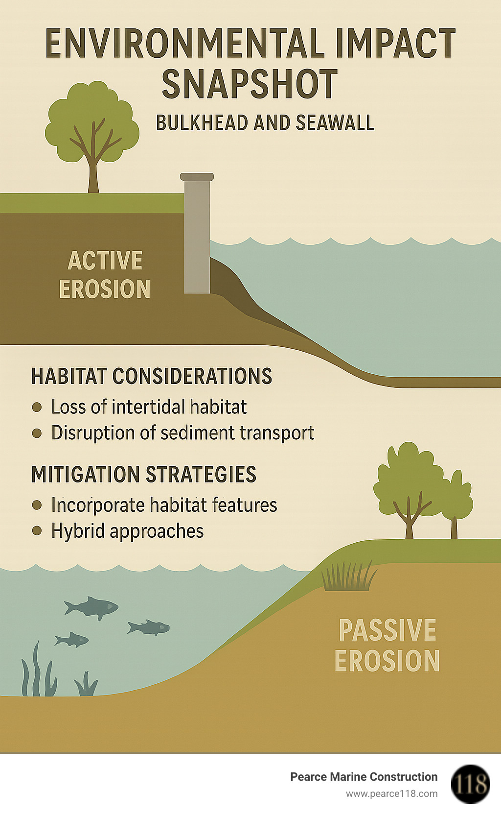 Environmental impact comparison showing effects of different coastal protection methods on marine habitats and sediment transport - bulkhead and seawall infographic 