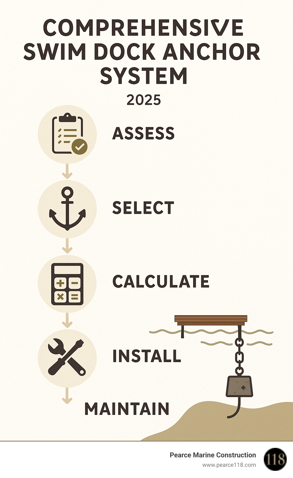 Comprehensive swim dock anchor system showing the five key steps: Assess, Select, Calculate, Install, and Maintain. - swim dock anchor infographic 