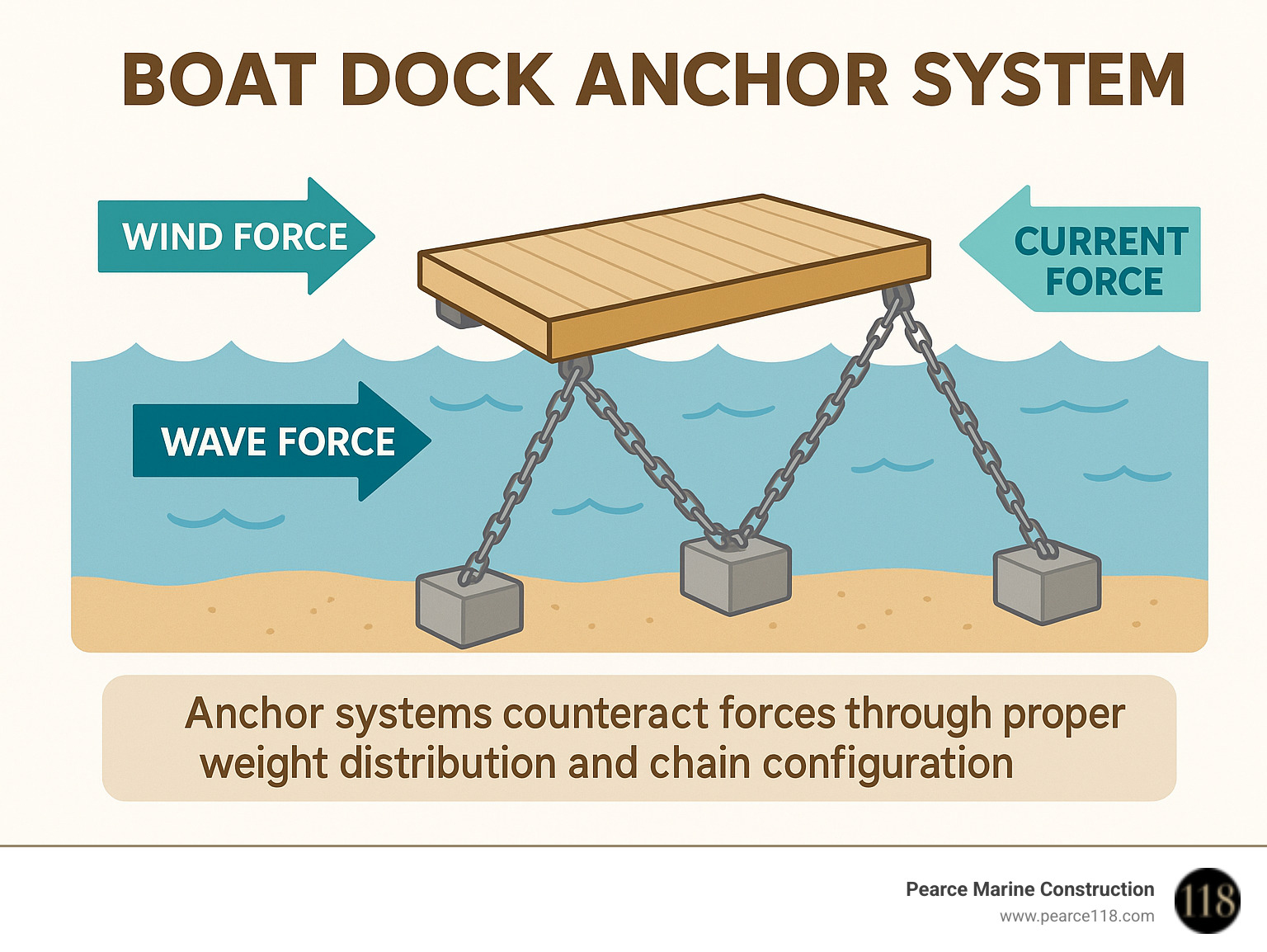 Infographic showing wind, wave, and current forces acting on a floating dock with arrows indicating how anchor systems counteract these forces through proper weight distribution and chain configuration - boat dock anchor system infographic 