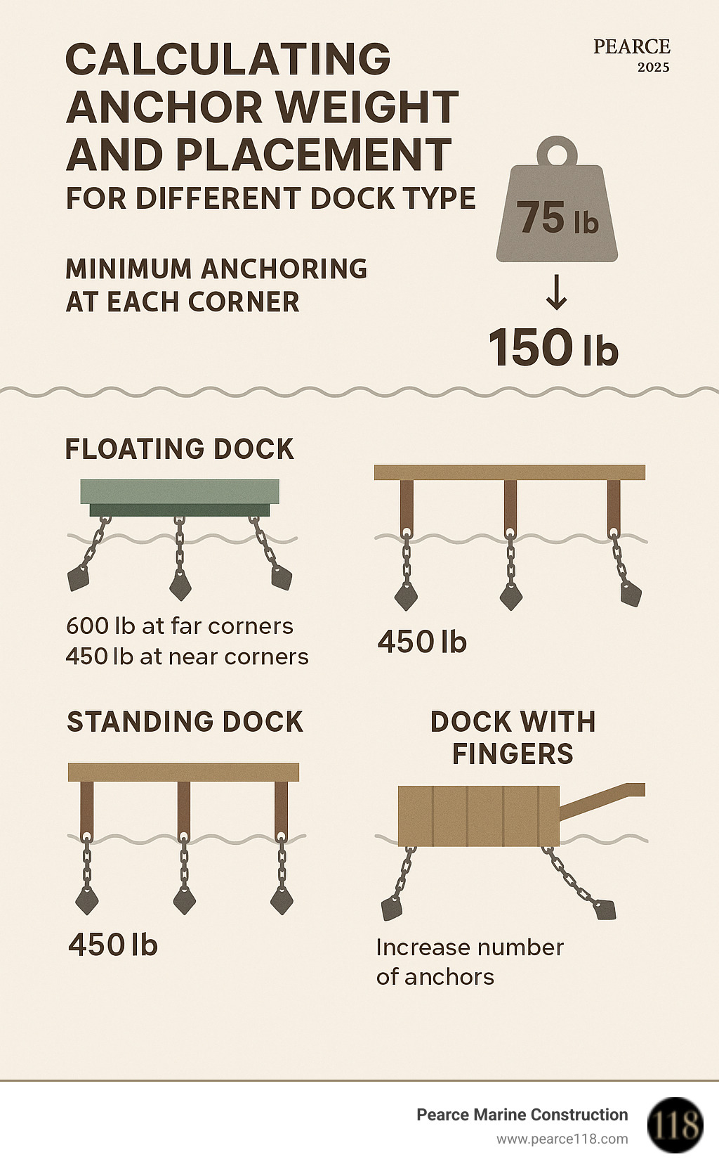 Diagram showing how to calculate anchor weight and placement for different dock types - boat dock anchor system infographic 