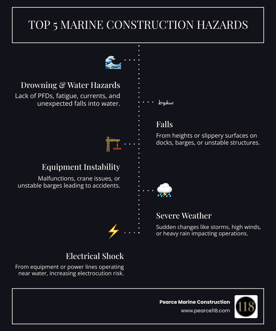 Infographic detailing the top 5 hazards in marine construction: 1. Drowning and water hazards, emphasizing lack of life vests and fatigue; 2. Falls from heights or slippery surfaces; 3. Equipment instability and malfunctions, including crane and barge issues; 4. Severe weather changes and their impact on operations; 5. Electrical shock from equipment or power lines near water. - Marine construction safety infographic infographic-line-5-steps-dark
