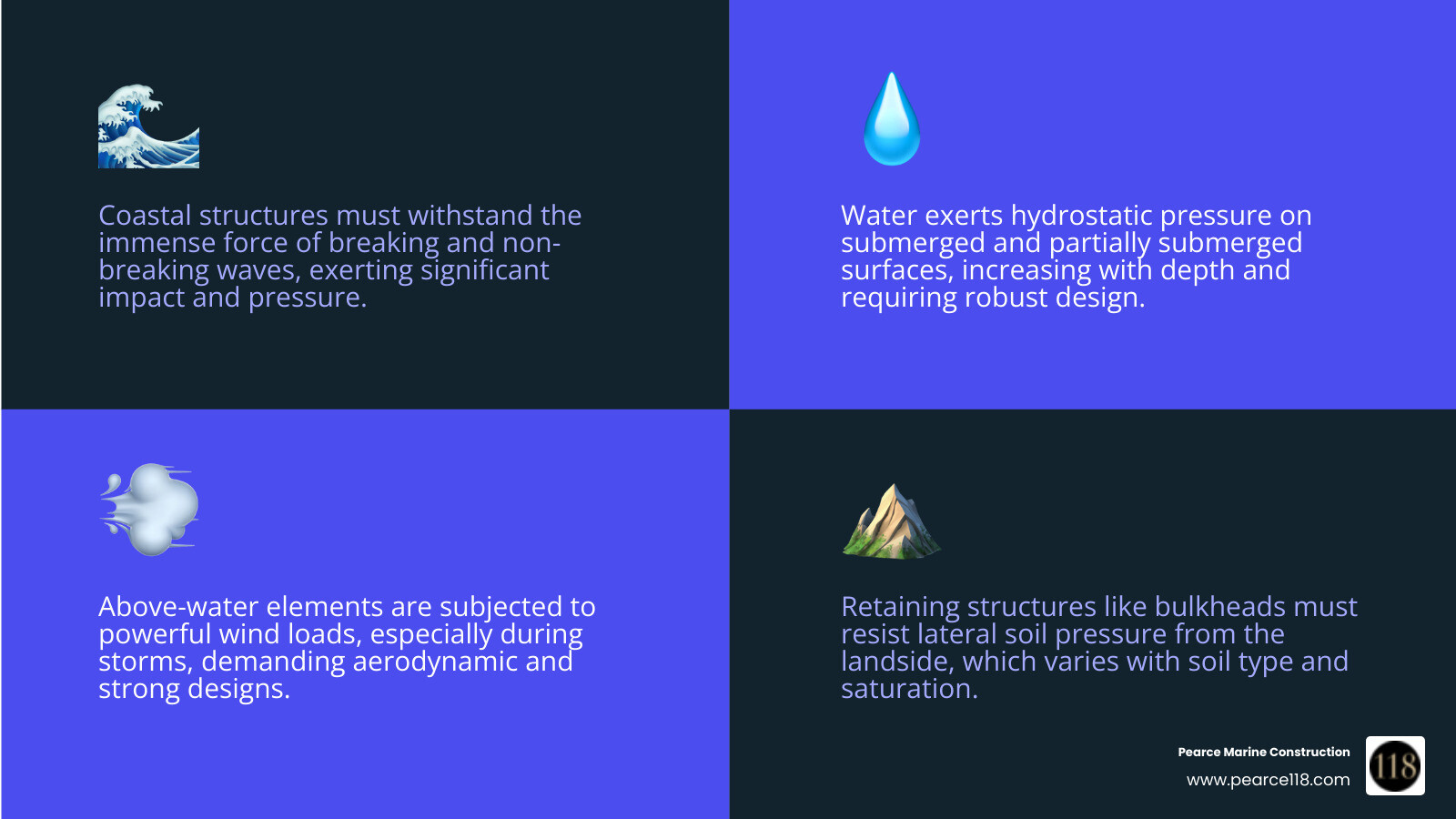 Infographic explaining the primary forces a coastal structure must withstand, such as wave impact, hydrostatic pressure, wind load, and soil pressure. - Marine structures design infographic 4_facts_emoji_blue