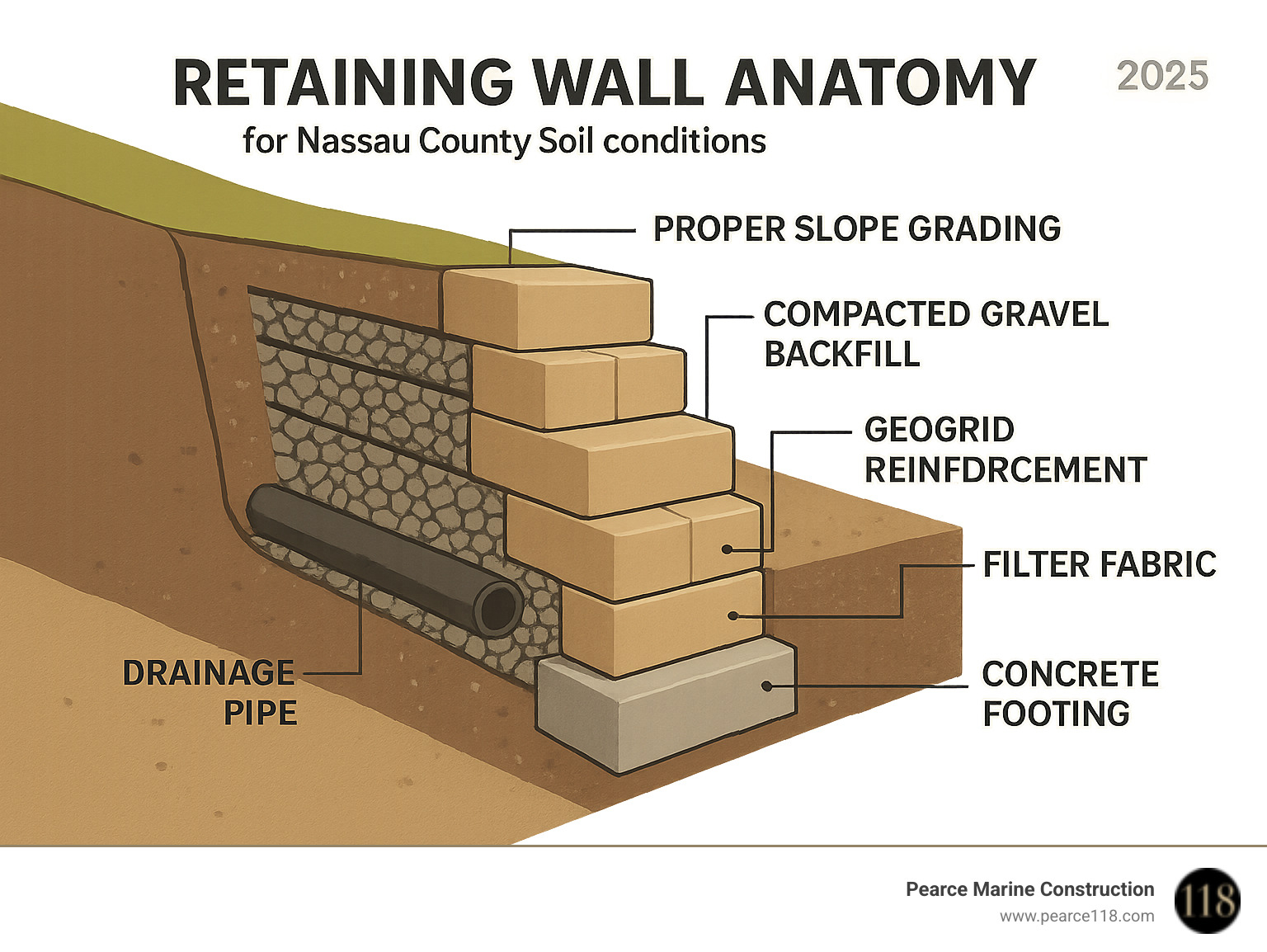 Detailed infographic showing retaining wall anatomy with labeled components including drainage pipes, geogrid reinforcement, compacted gravel backfill, filter fabric, concrete footing, and proper slope grading for Nassau County soil conditions - retaining walls Nassau County infographic 