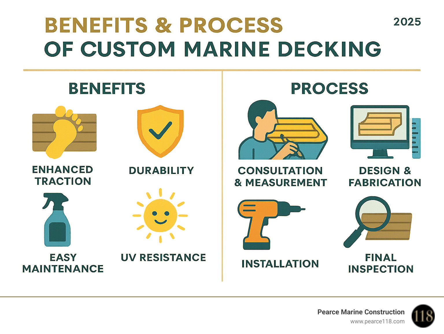 Infographic summarizing benefits & process of custom marine decking - custom marine decks infographic 