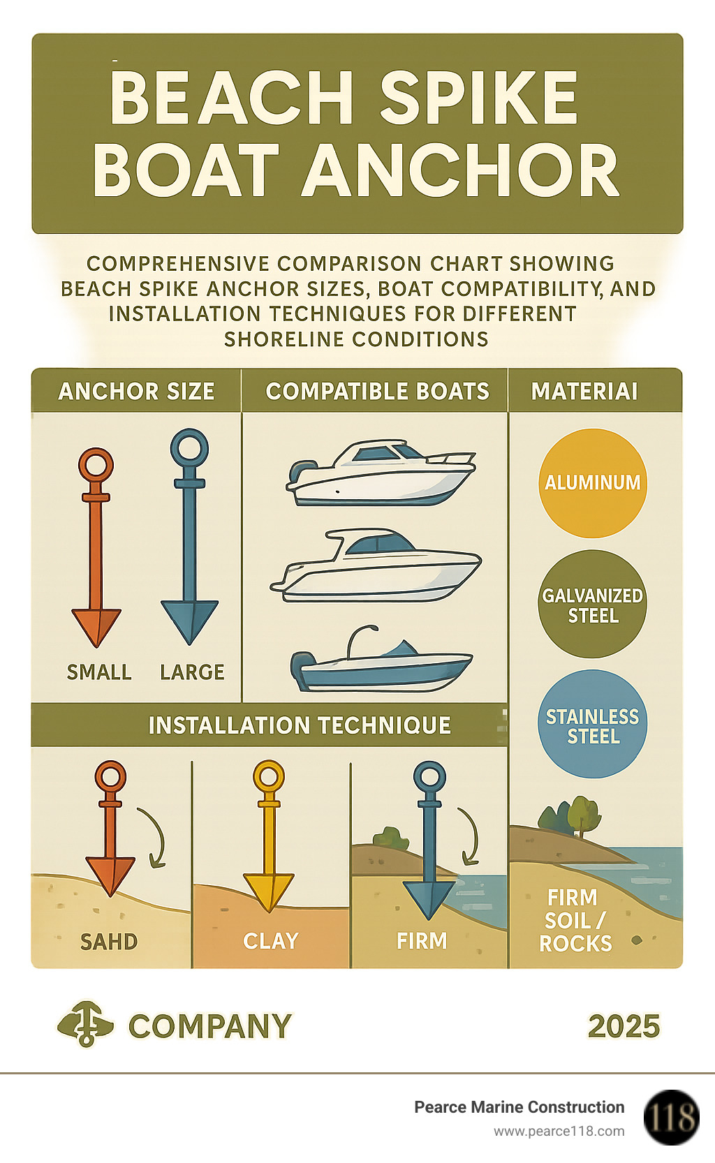 Comprehensive comparison chart showing beach spike anchor sizes, boat compatibility, materials, and installation techniques for different shoreline conditions - beach spike boat anchor infographic 
