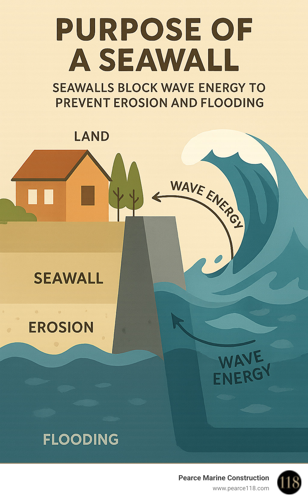 Infographic explaining how a seawall blocks wave energy to prevent erosion and flooding. - Purpose of a seawall infographic 
