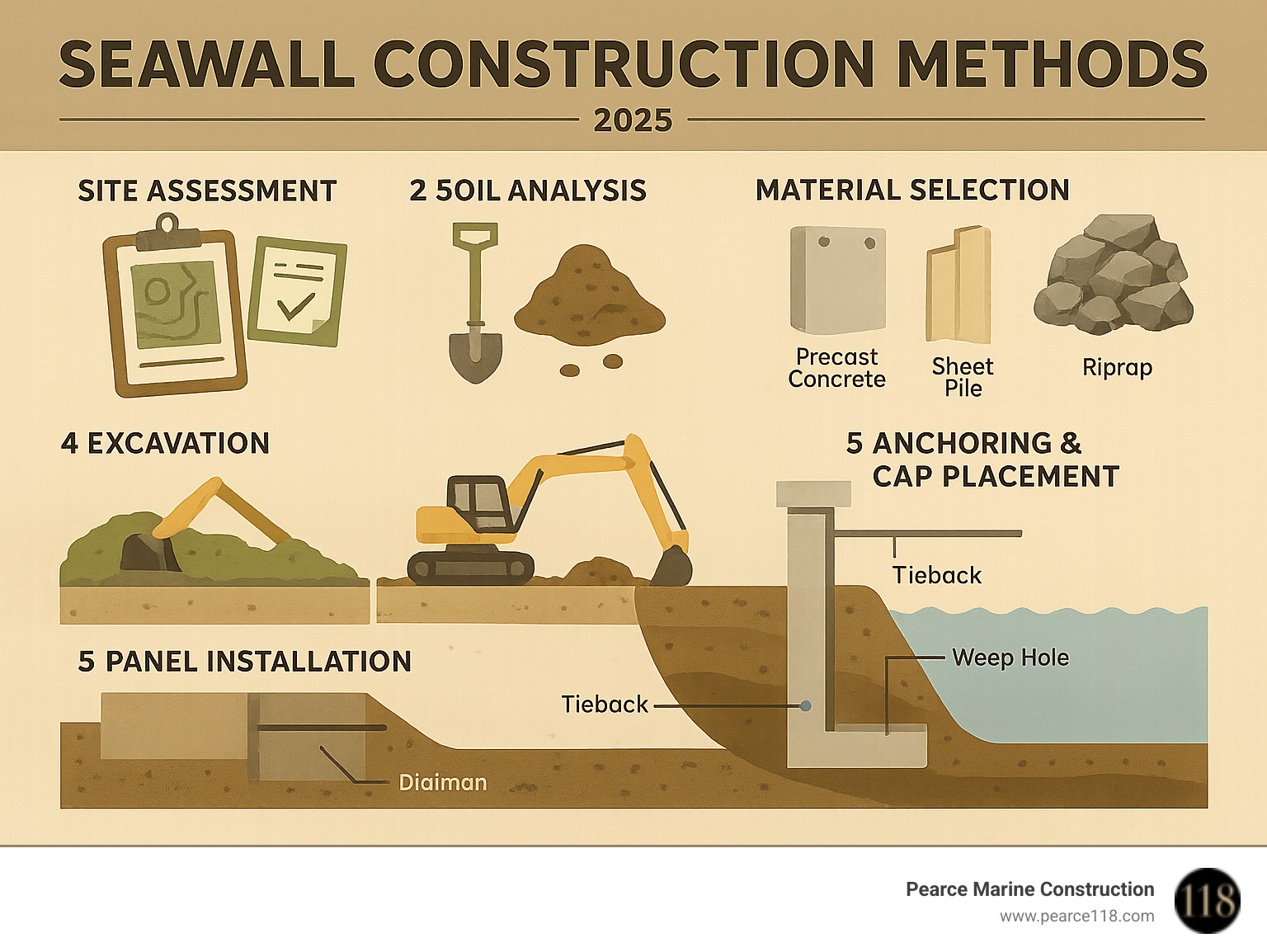 Comprehensive infographic showing the step-by-step seawall construction process from site assessment and soil analysis through material selection, excavation, panel installation, anchoring systems, and final cap placement, with detailed cross-section views of key components like tiebacks, deadman anchors, and weep holes - Seawall construction methods infographic 