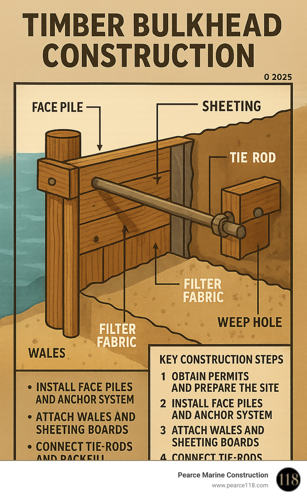 Detailed infographic showing timber bulkhead components including face piles, wales, tongue-and-groove sheeting, tie-rods, deadmen anchors, filter fabric, and weep holes with labels and construction sequence - Timber bulkhead construction infographic 