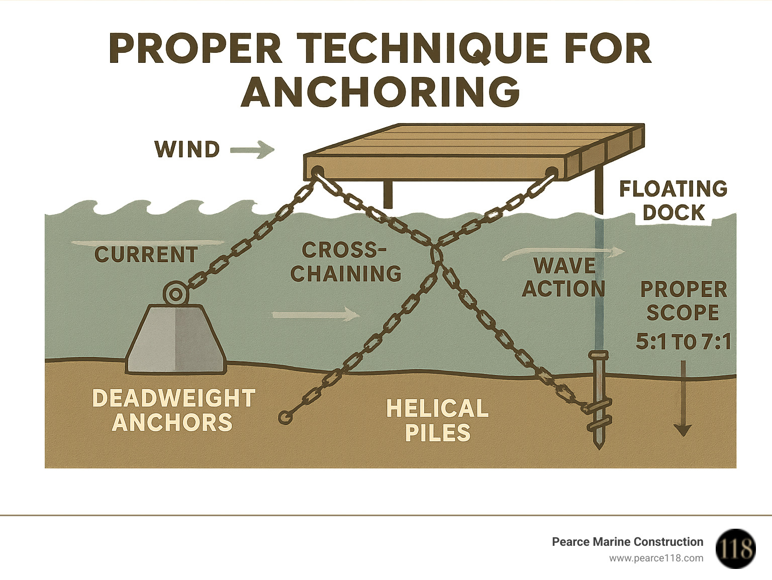 Comprehensive infographic showing dock anchoring system components including deadweight anchors, helical piles, cross-chaining pattern, proper scope ratios, and environmental forces like wind, current, and wave action acting on floating dock structures - what is the proper technique for anchoring infographic 