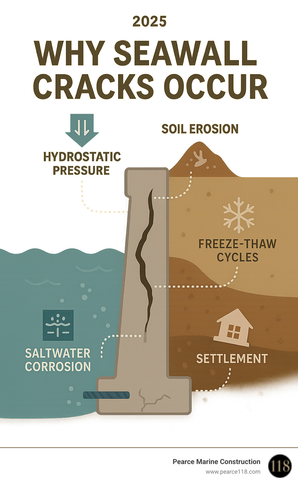 Infographic showing the primary causes of seawall cracks including hydrostatic pressure from water buildup behind the wall, soil erosion washing away supporting materials, saltwater corrosion attacking steel reinforcement, freeze-thaw cycles expanding existing cracks, and settlement from unstable foundations - Seawall crack repair infographic 