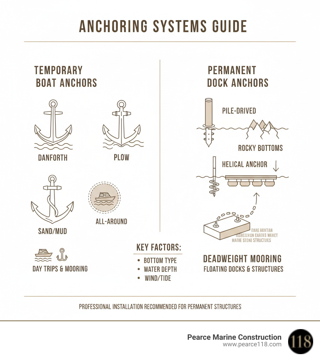 Comprehensive infographic showing the difference between temporary boat anchoring systems (featuring various anchor types like Danforth, Plow, and Claw anchors with their appropriate bottom conditions) and permanent dock anchoring systems (showing pile-driven anchors, helical anchor systems, and deadweight moorings used for floating docks and marine structures) - boating anchors infographic 