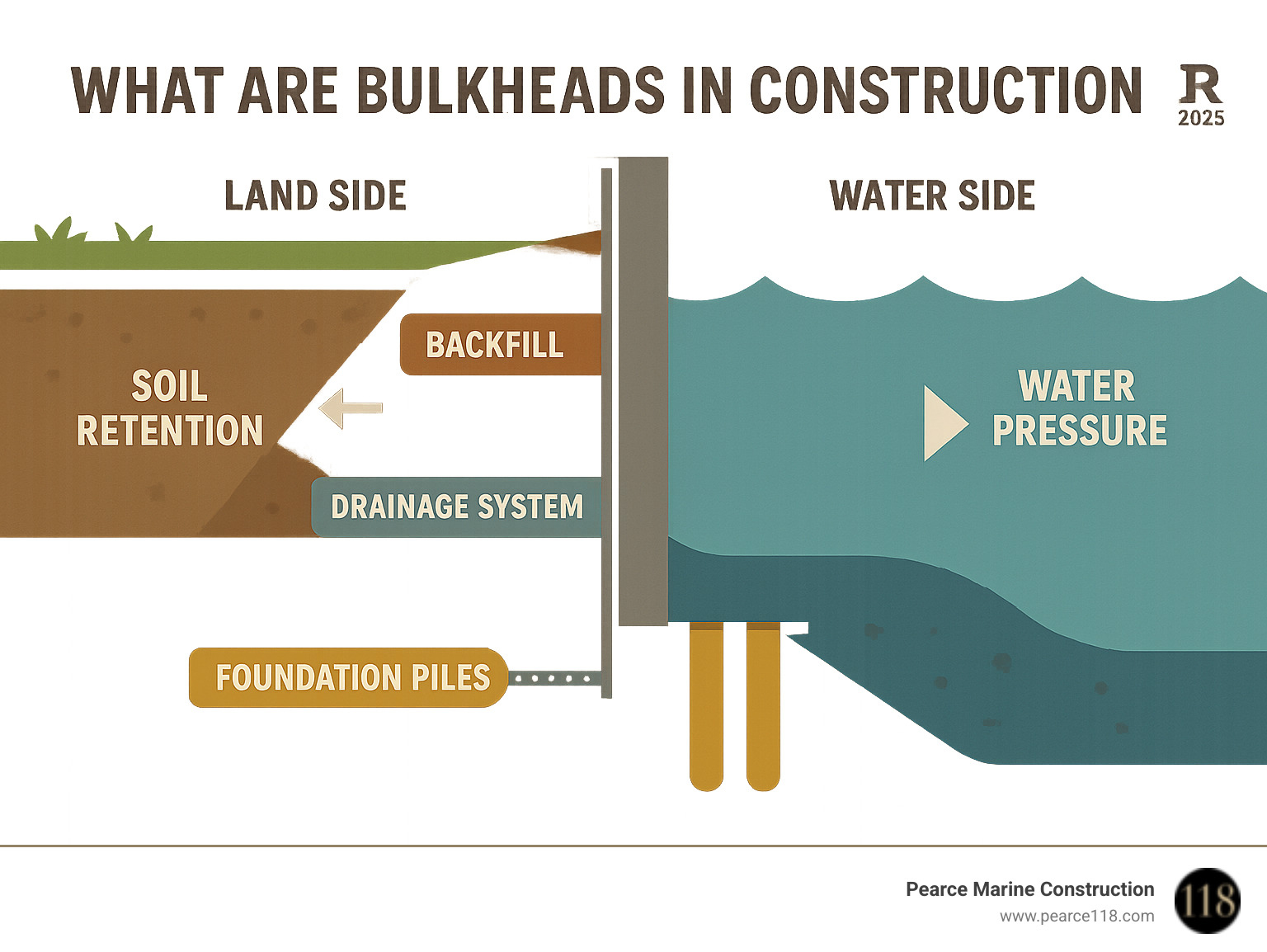 Detailed infographic showing bulkhead cross-section with soil retention on land side and water pressure resistance on water side, including foundation piles, backfill, and drainage system components - what are bulkheads in construction infographic Detailed infographic showing bulkhead cross-section with soil retention on land side and water pressure resistance on water side, including foundation piles, backfill, and drainage system components - what are bulkheads in construction infographic