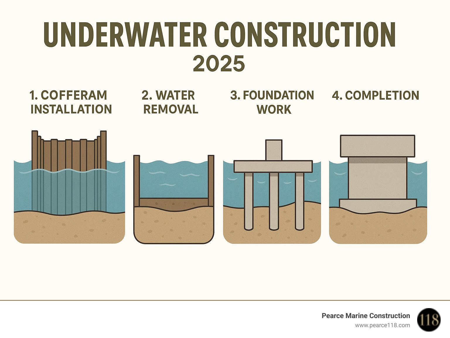 Infographic showing the step-by-step process of underwater construction including cofferdam installation, water removal, foundation work in dry conditions, and final structure completion with detailed cross-section views of marine foundation systems - underwater construction infographic Infographic showing the step-by-step process of underwater construction including cofferdam installation, water removal, foundation work in dry conditions, and final structure completion with detailed cross-section views of marine foundation systems - underwater construction infographic