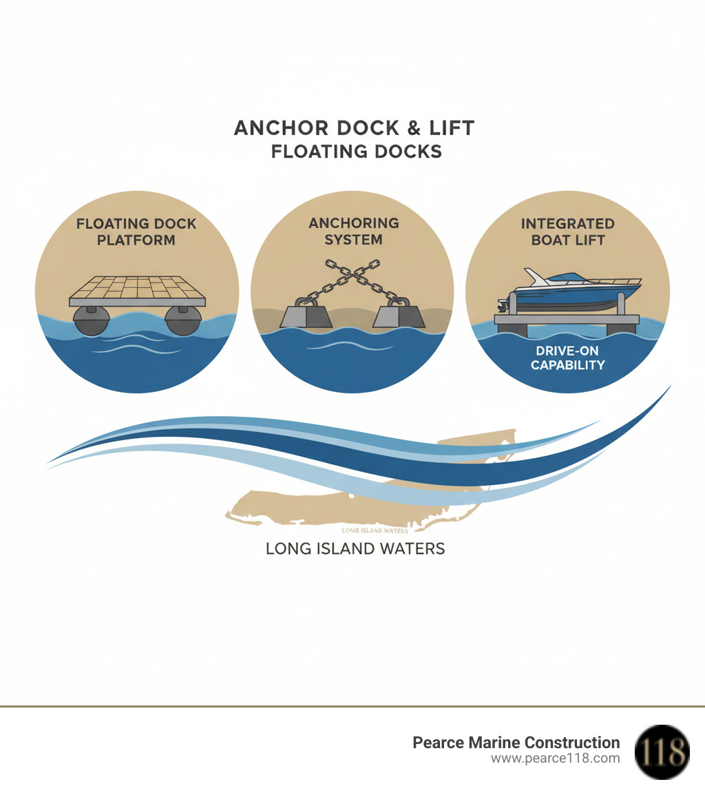 Comprehensive infographic showing the three core components of anchor dock and lift floating docks: The Floating Dock Platform with foam-filled pontoons and decking, The Anchoring System featuring concrete blocks and galvanized chains in X-pattern configuration, and The Integrated Boat Lift with drive-on capability, all working together on Long Island waters - anchor dock and lift floating docks infographic 