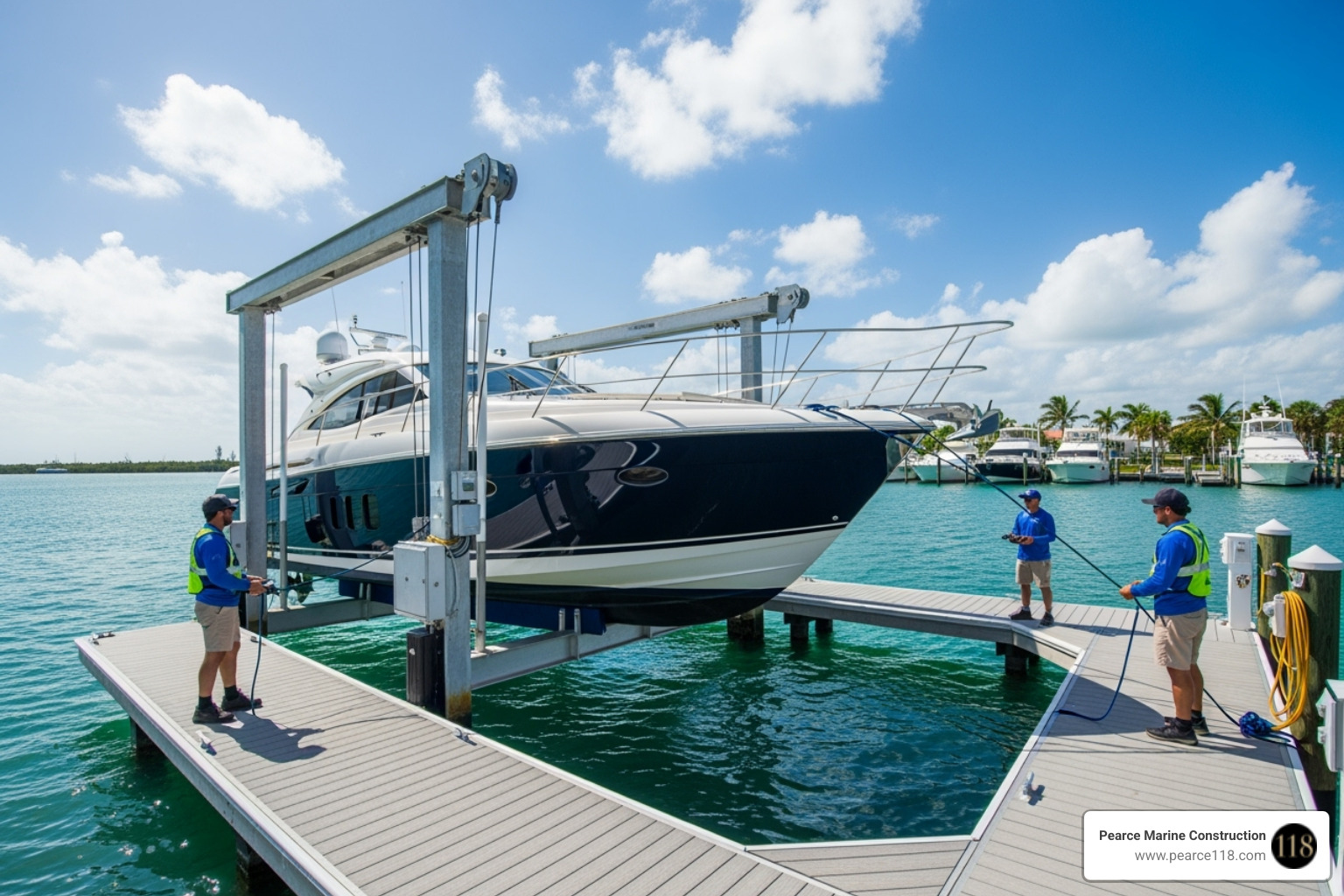 boat being lowered from a lift attached to a floating dock - anchor dock and lift floating docks