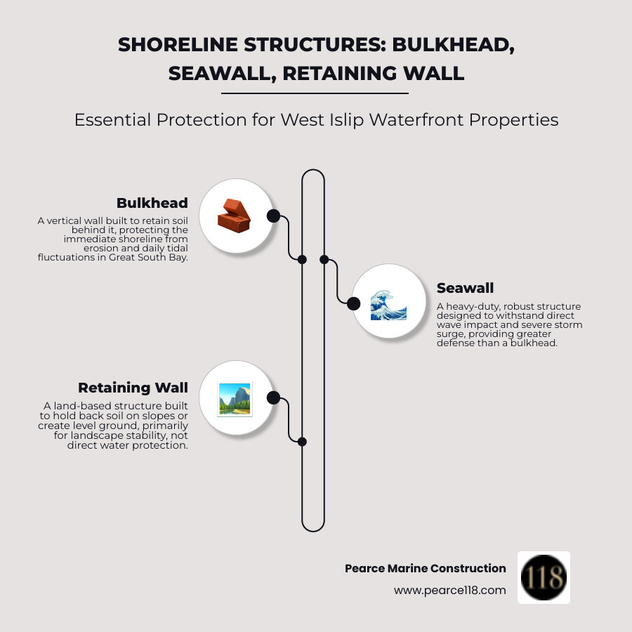 Comprehensive guide showing the structural differences between bulkheads for shoreline protection, seawalls for wave defense, and retaining walls for soil stabilization, with cross-sectional diagrams highlighting foundation depths, material types, and typical applications for West Islip waterfront properties - West Islip, NY Marine Construction infographic infographic-line-3-steps-neat_beige Comprehensive guide showing the structural differences between bulkheads for shoreline protection, seawalls for wave defense, and retaining walls for soil stabilization, with cross-sectional diagrams highlighting foundation depths, material types, and typical applications for West Islip waterfront properties - West Islip, NY Marine Construction infographic infographic-line-3-steps-neat_beige