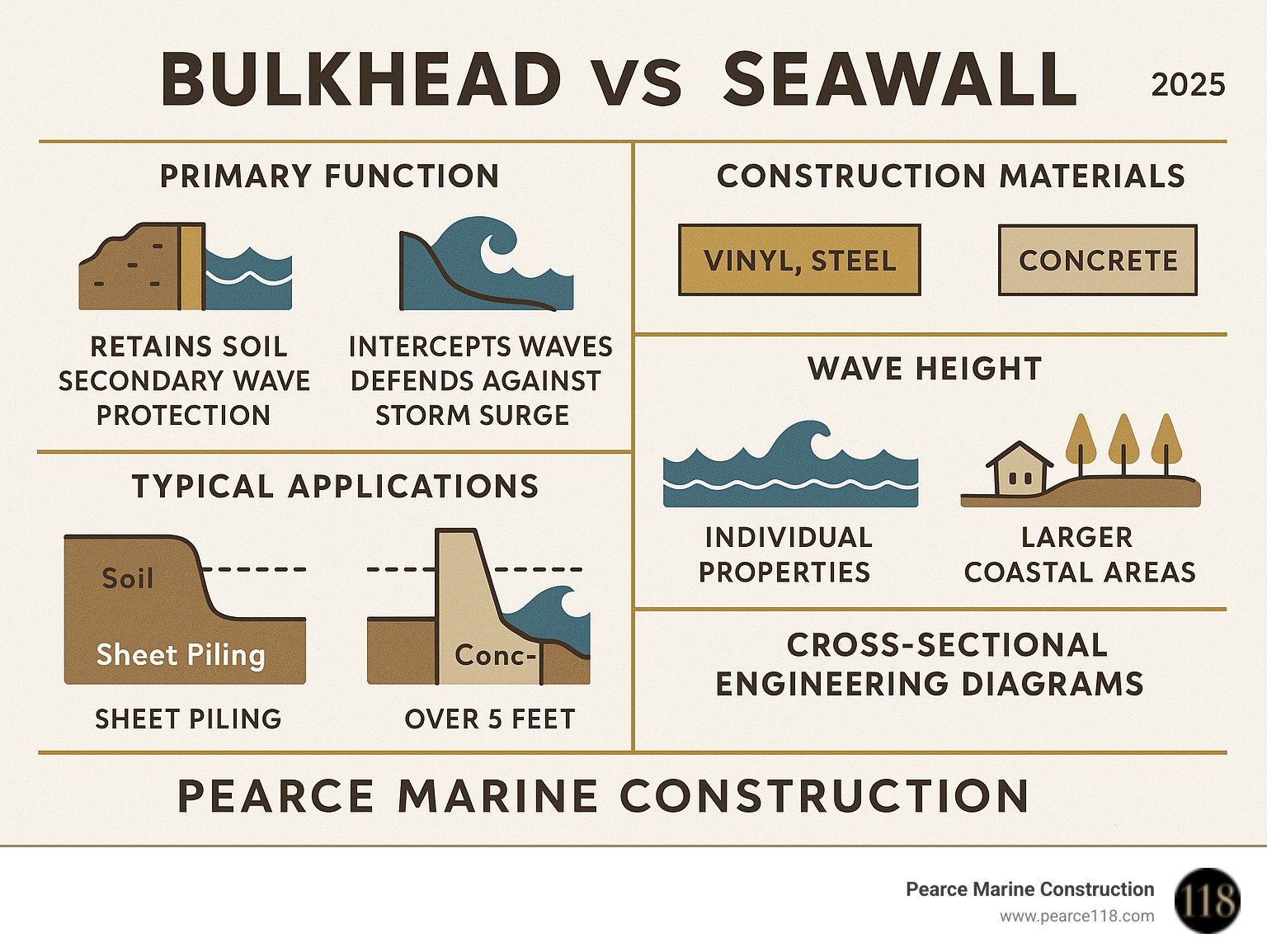 Comprehensive comparison infographic showing bulkhead vs seawall differences including primary functions, construction materials, wave height thresholds, typical applications, and cross-sectional engineering diagrams for Long Island shoreline protection - bulkhead vs seawall infographic 