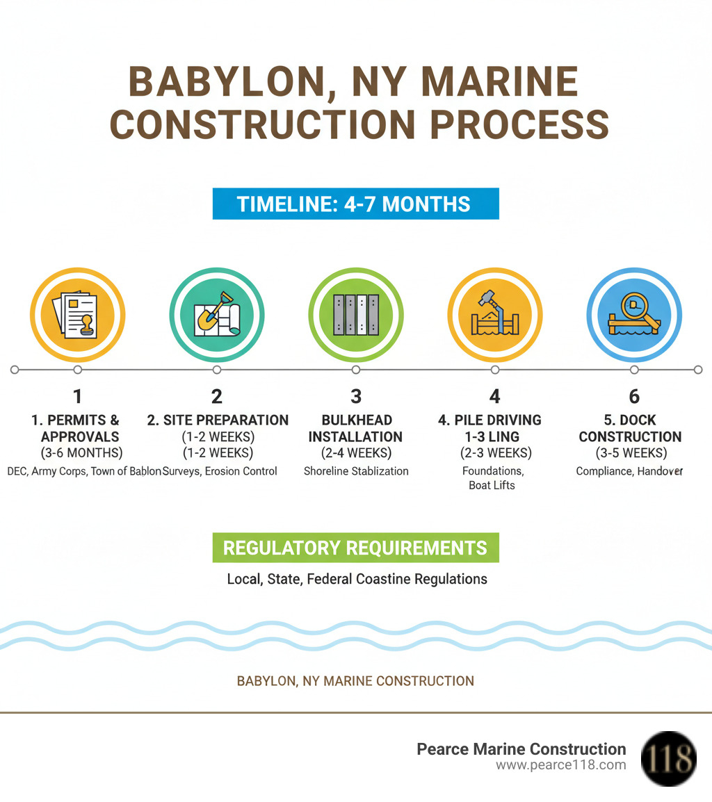 Infographic showing the complete marine construction process from permits and site preparation through bulkhead installation, pile driving, dock construction, and final inspection with timeline and regulatory requirements - Babylon, NY Marine Construction infographic  Infographic showing the complete marine construction process from permits and site preparation through bulkhead installation, pile driving, dock construction, and final inspection with timeline and regulatory requirements - Babylon, NY Marine Construction infographic