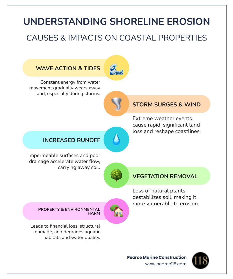 Infographic explaining shoreline erosion processes including wave action, stormwater runoff, and their impact on coastal properties - Shoreline erosion protection infographic infographic-line-5-steps-colors Infographic explaining shoreline erosion processes including wave action, stormwater runoff, and their impact on coastal properties - Shoreline erosion protection infographic infographic-line-5-steps-colors