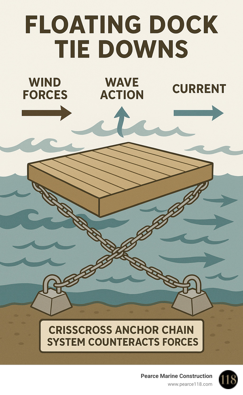 Comprehensive infographic showing wind forces, wave action, and current acting on a floating dock, with arrows indicating how a proper crisscross anchor chain system counteracts these forces to maintain dock stability - floating dock tie downs infographic  Comprehensive infographic showing wind forces, wave action, and current acting on a floating dock, with arrows indicating how a proper crisscross anchor chain system counteracts these forces to maintain dock stability - floating dock tie downs infographic