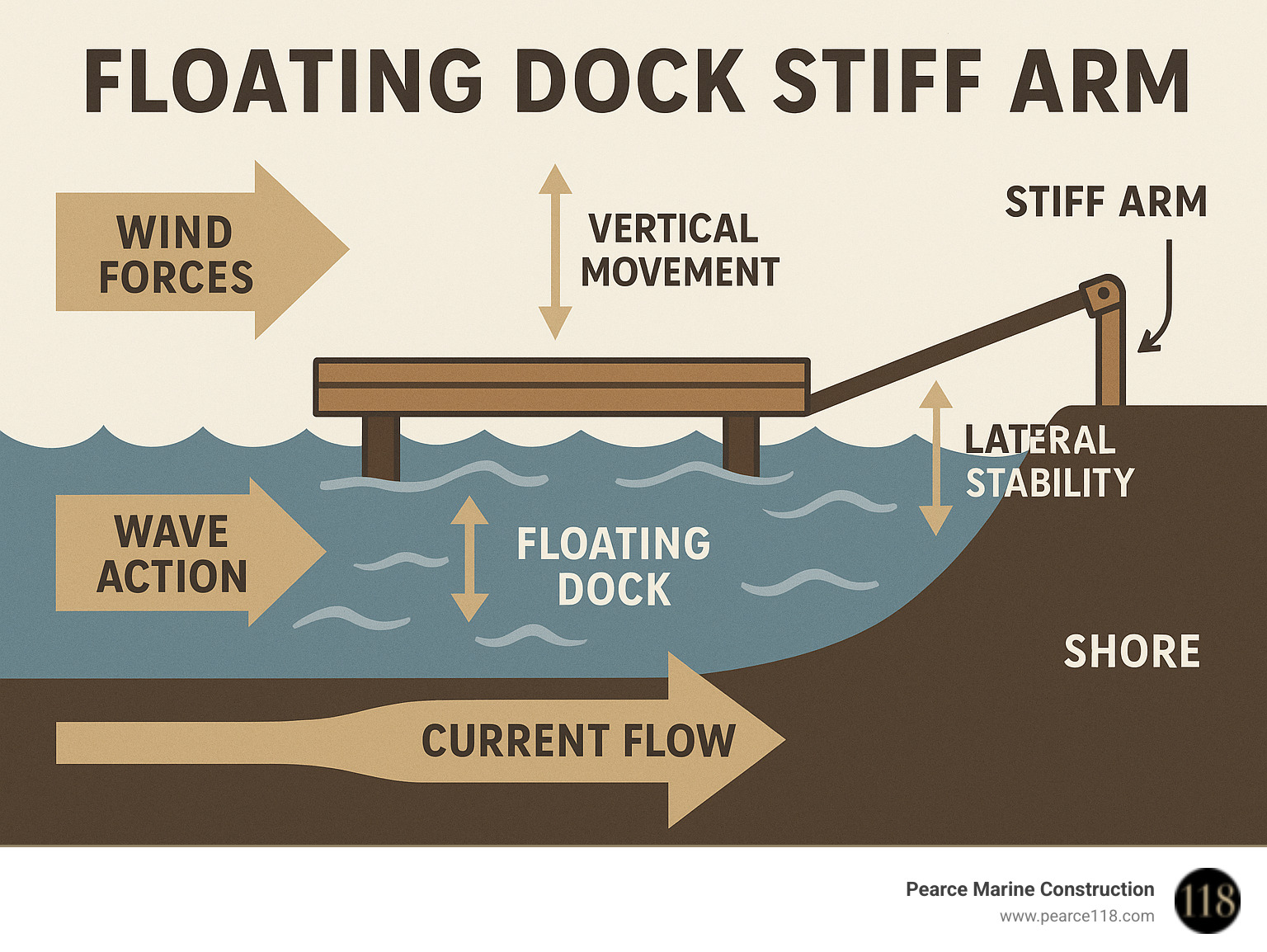 Infographic showing wind forces, wave action, and current flow acting on a floating dock, with arrows indicating how a stiff arm system provides lateral stability while allowing vertical movement with water level changes - floating dock stiff arm infographic 