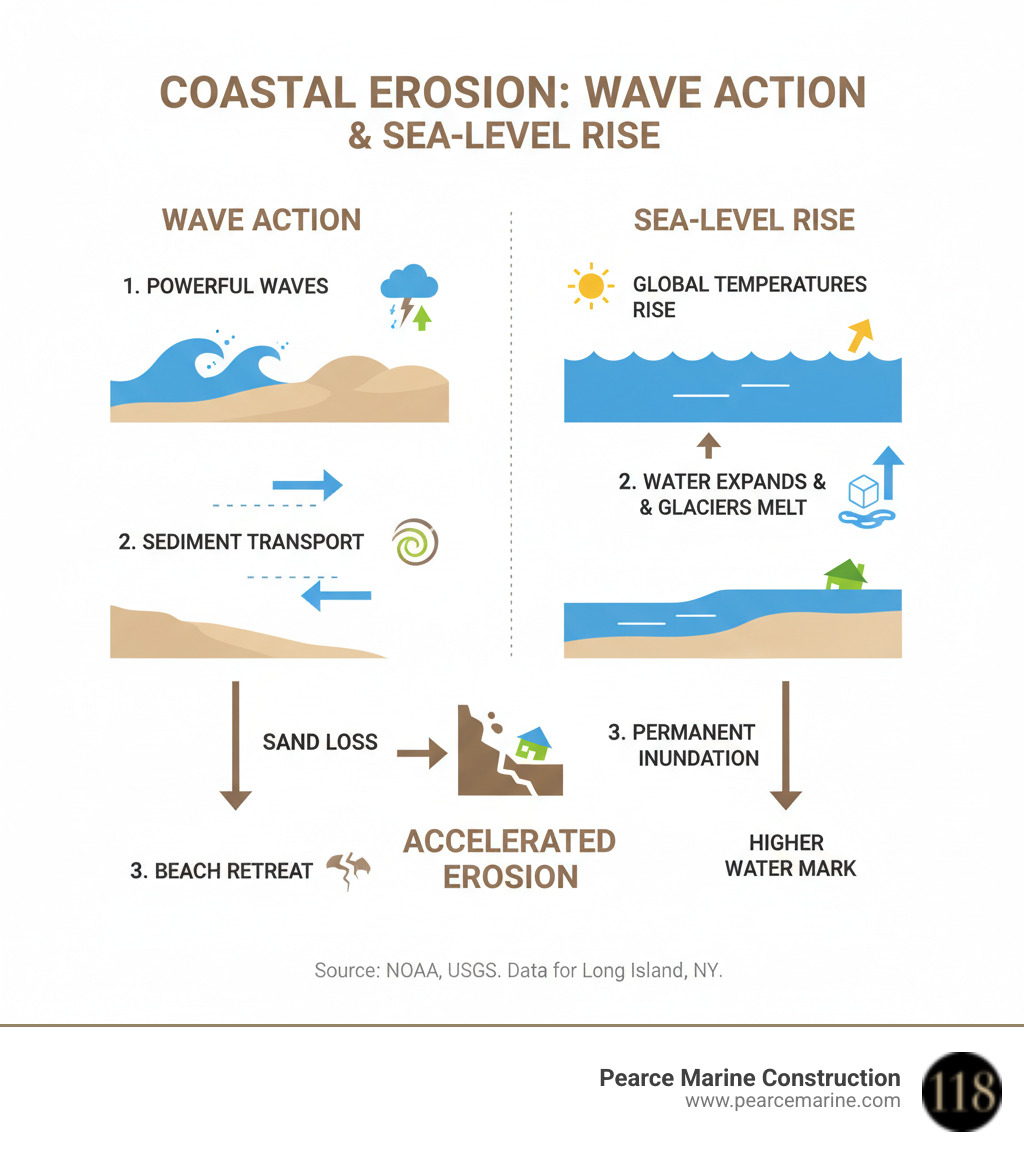 infographic explaining the basic process of coastal erosion from wave action and sea-level rise - Beach erosion Long Island infographic infographic explaining the basic process of coastal erosion from wave action and sea-level rise - Beach erosion Long Island infographic
