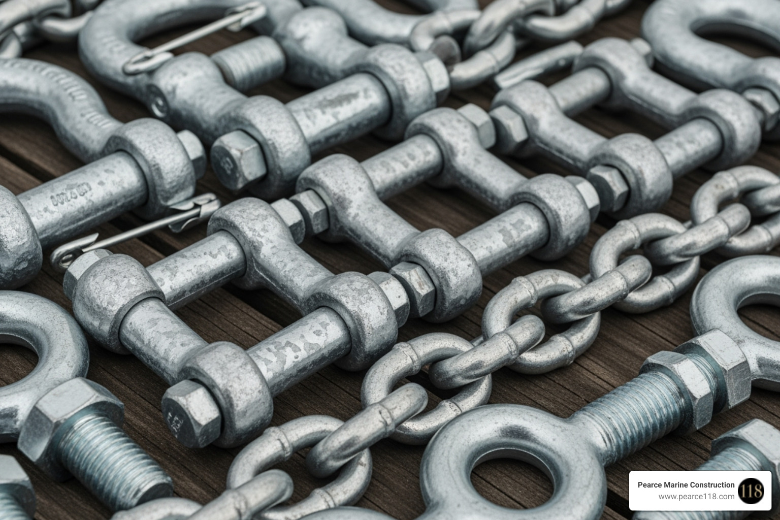 A close-up shot of various galvanized marine-grade hardware components, including heavy-duty shackles, robust chains, and secure eyebolts, all designed for superior corrosion resistance and durability in harsh marine environments. - floating dock anchor