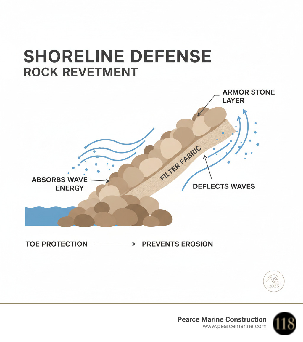 Infographic showing how a rock revetment absorbs and deflects wave energy to prevent erosion, with labels for armor stone layer, filter fabric, and toe protection - rock revetment infographic Infographic showing how a rock revetment absorbs and deflects wave energy to prevent erosion, with labels for armor stone layer, filter fabric, and toe protection - rock revetment infographic