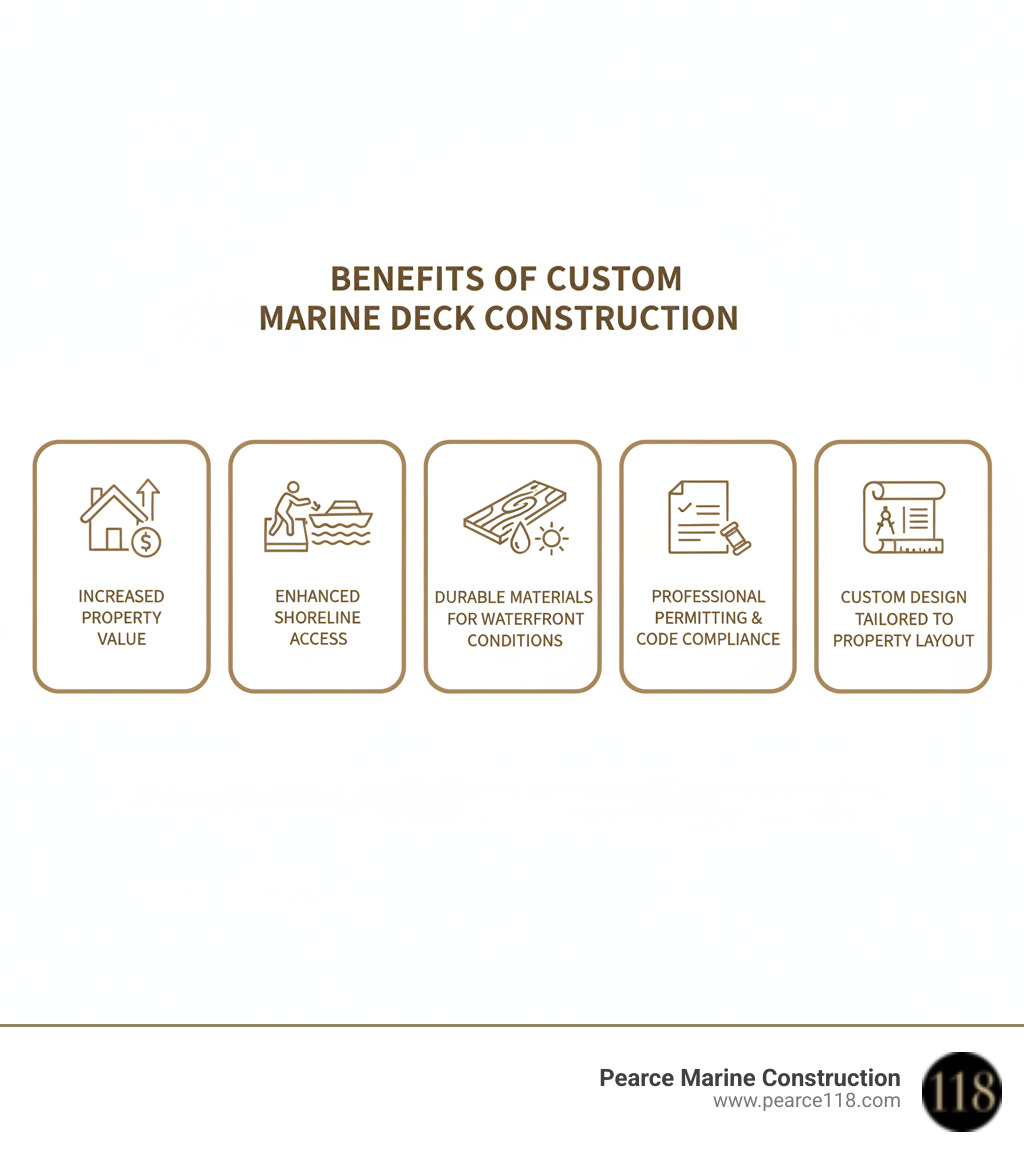 infographic showing the benefits of custom marine deck construction including increased property value, enhanced shoreline access, durable materials for waterfront conditions, professional permitting and code compliance, and custom design tailored to property layout - deck builders Massapequa infographic 