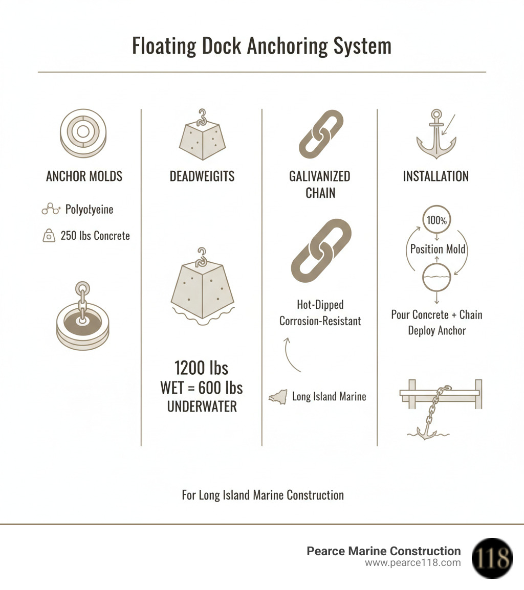 Detailed breakdown of professional floating dock anchoring system components including polyethylene anchor molds, concrete deadweight specifications, galvanized chain requirements, and installation process for Long Island marine construction projects - floating dock anchor mold infographic Detailed breakdown of professional floating dock anchoring system components including polyethylene anchor molds, concrete deadweight specifications, galvanized chain requirements, and installation process for Long Island marine construction projects - floating dock anchor mold infographic