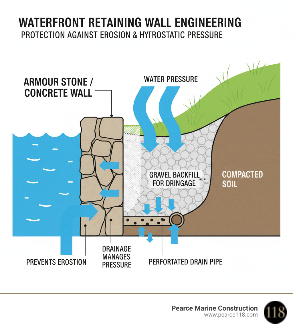 infographic showing cross-section of a professionally engineered retaining wall with labeled components including armour stone or concrete wall structure, geotextile fabric layer, gravel backfill for drainage, perforated drain pipe at base, compacted soil behind wall, and arrows showing how water pressure is managed to prevent wall failure and soil erosion on a waterfront slope - retaining wall ideas infographic 
