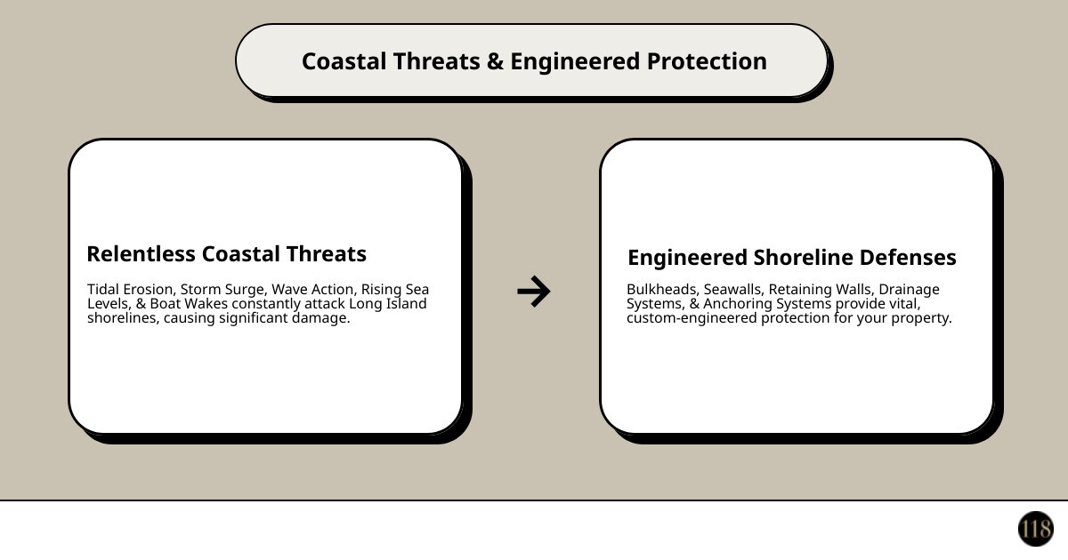 Infographic showing primary coastal threats: tidal erosion, storm surge, wave action, rising sea levels, and boat wakes, with corresponding protection structures including bulkheads, seawalls, retaining walls, drainage systems, and anchoring systems - coastal flood protection infographic cause_effect_text