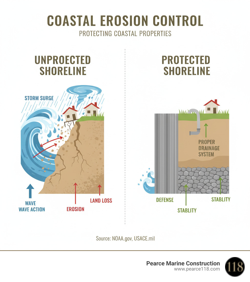 Infographic showing the coastal erosion process from wave action and storm surge impacting an unprotected shoreline, compared to a protected shoreline with an engineered bulkhead and proper drainage system preventing land loss - coastal erosion control infographic 