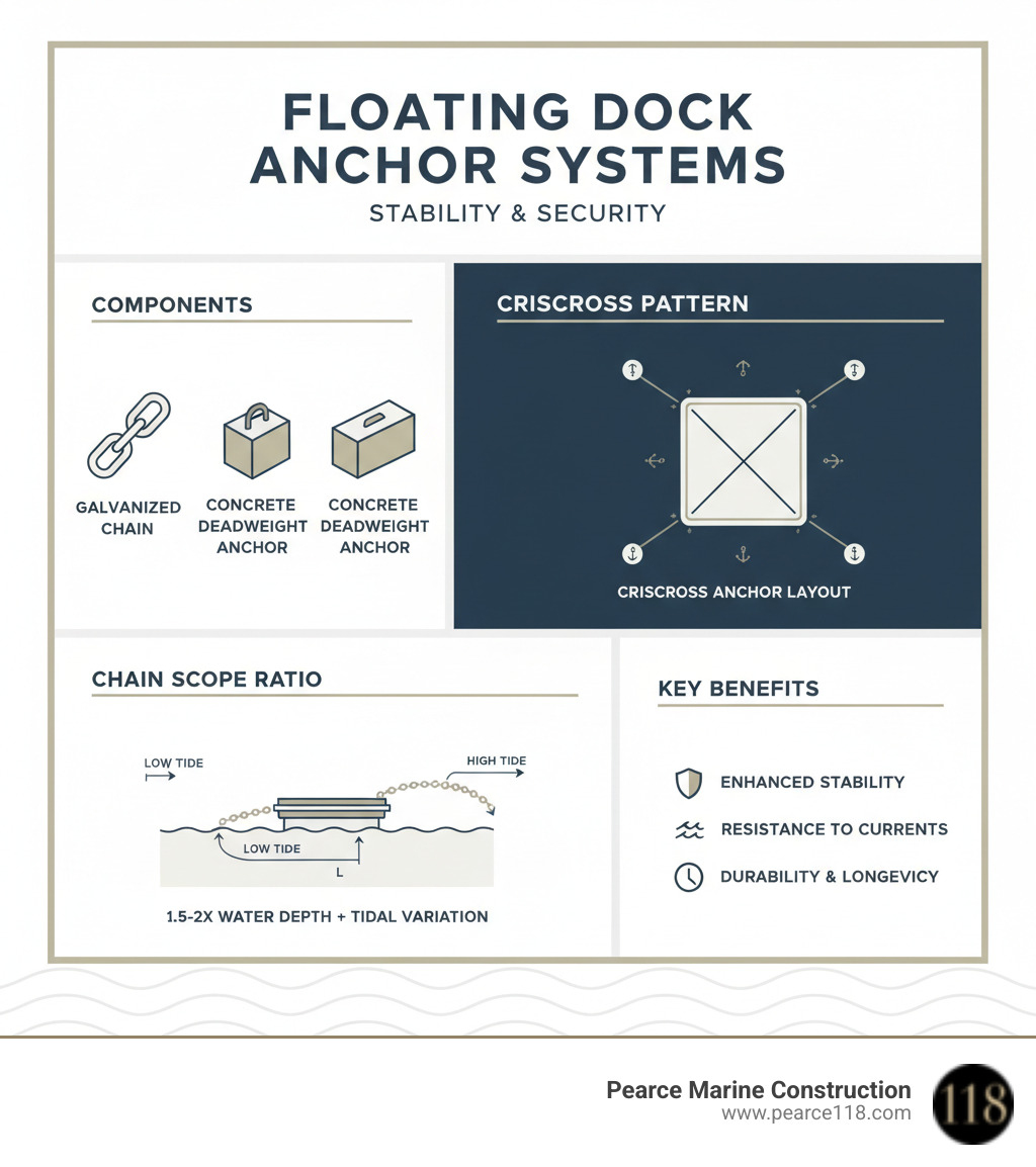 Comprehensive infographic showing floating dock anchor line system components including galvanized chain connections, concrete deadweight anchors, shackles and hardware, crisscross anchor pattern layout, and proper chain scope ratios for tidal variations - anchor lines floating dock infographic 