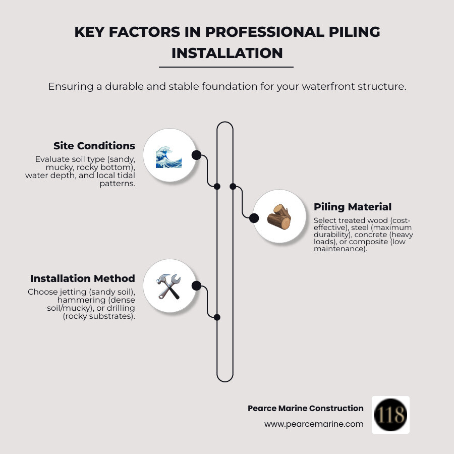Infographic showing the key factors in professional dock piling installation: Site Conditions (sandy, mucky, or rocky bottom; water depth; tidal patterns), Piling Material (treated wood for cost-effectiveness; steel for maximum durability; concrete for heavy loads; composite for low maintenance), and Installation Method (jetting for sandy soil using high-pressure water; hammering for dense soil with pile drivers; drilling for rocky conditions with auger equipment) - Dock piling installation infographic infographic-line-3-steps-elegant_beige Infographic showing the key factors in professional dock piling installation: Site Conditions (sandy, mucky, or rocky bottom; water depth; tidal patterns), Piling Material (treated wood for cost-effectiveness; steel for maximum durability; concrete for heavy loads; composite for low maintenance), and Installation Method (jetting for sandy soil using high-pressure water; hammering for dense soil with pile drivers; drilling for rocky conditions with auger equipment) - Dock piling installation infographic infographic-line-3-steps-elegant_beige