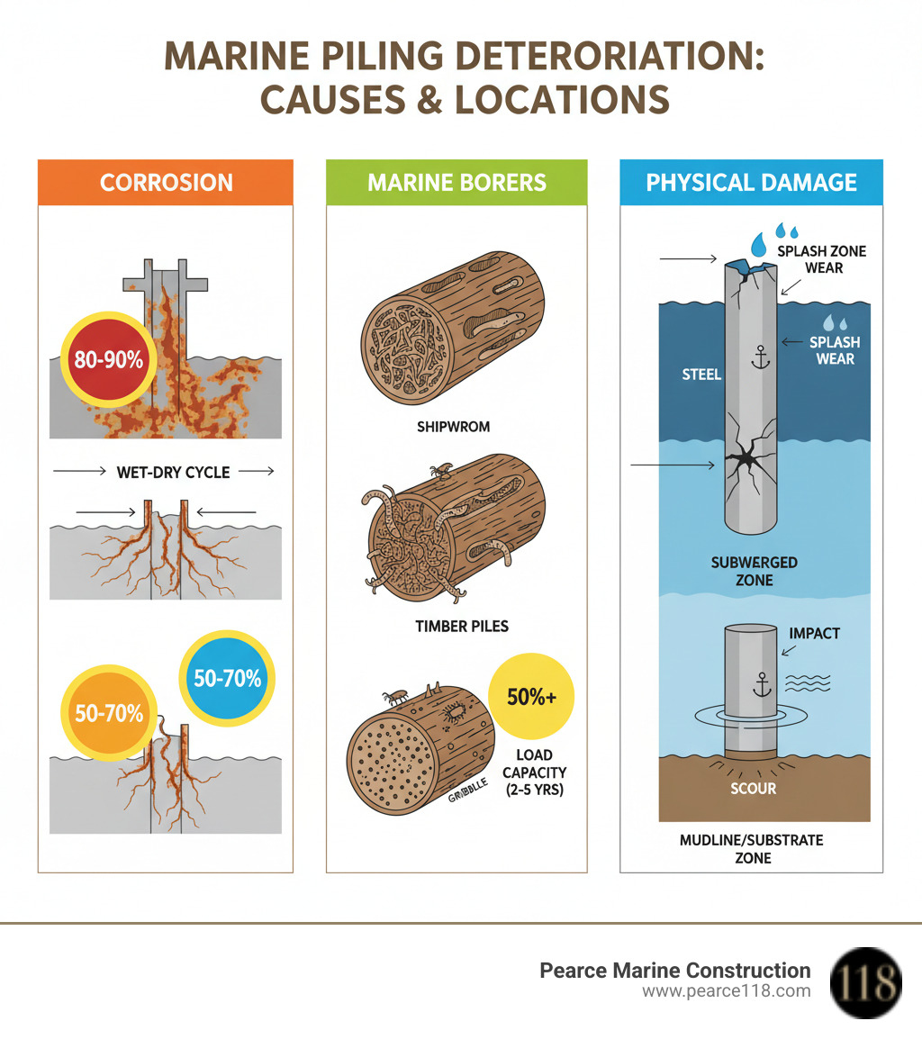 Infographic showing the three main causes of marine piling deterioration: corrosion (showing rusted steel and concrete spalling with percentage indicators), marine borer damage (illustrated cross-sections of timber piles with shipworm and gribble infestations), and physical damage (depicting impact zones, scour at the mudline, and splash zone wear). Include visual indicators of the wet-dry cycle effects and typical damage locations along pile height from mudline to splash zone. - marine piling repair infographic 