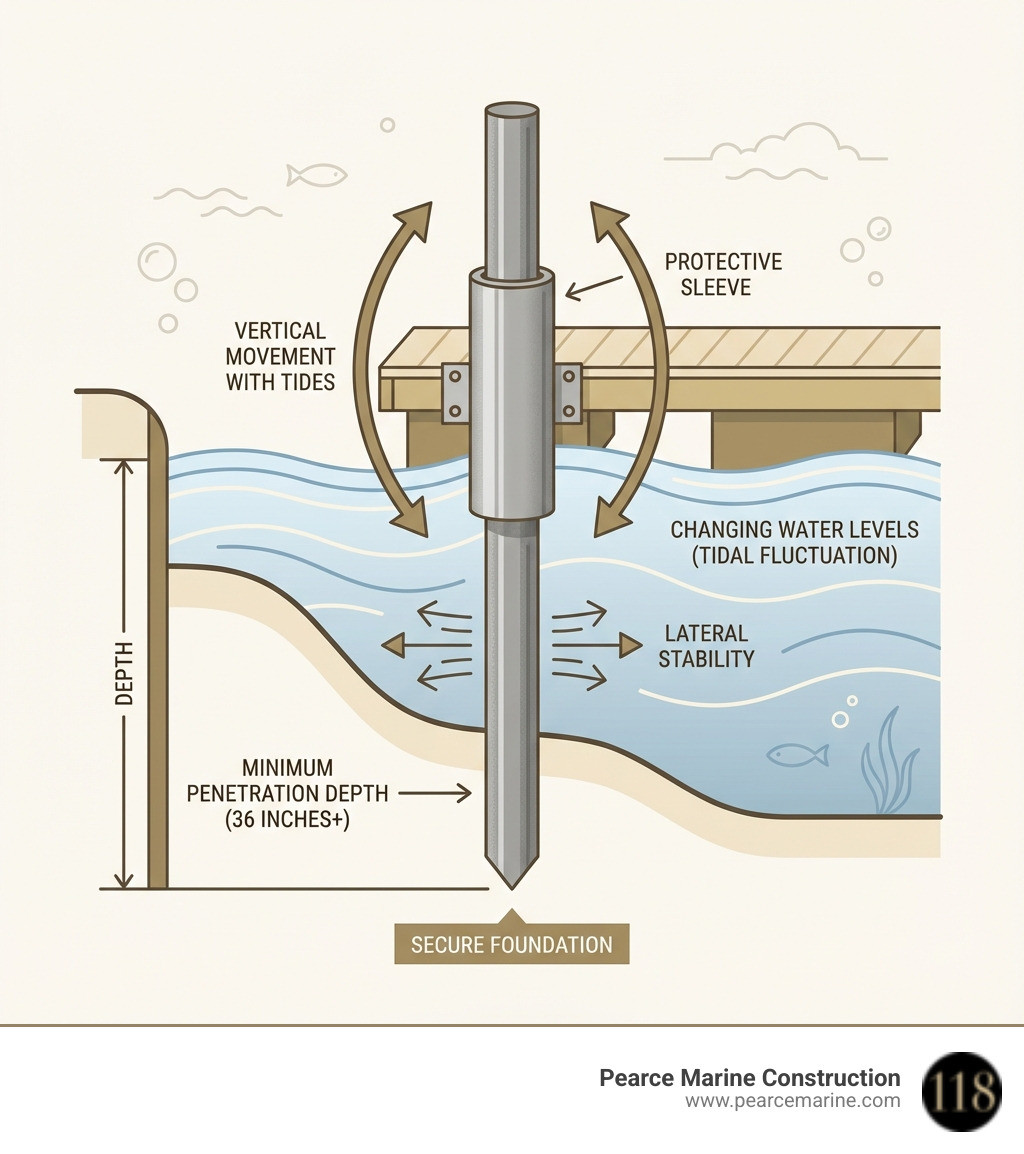 Infographic showing cross-section view of floating dock anchor pole system with labeled components: steel pole driven into seafloor, protective sleeve attached to dock frame, arrows indicating vertical movement with tides, and annotations showing minimum penetration depth and lateral stability - floating dock anchor pole infographic Infographic showing cross-section view of floating dock anchor pole system with labeled components: steel pole driven into seafloor, protective sleeve attached to dock frame, arrows indicating vertical movement with tides, and annotations showing minimum penetration depth and lateral stability - floating dock anchor pole infographic