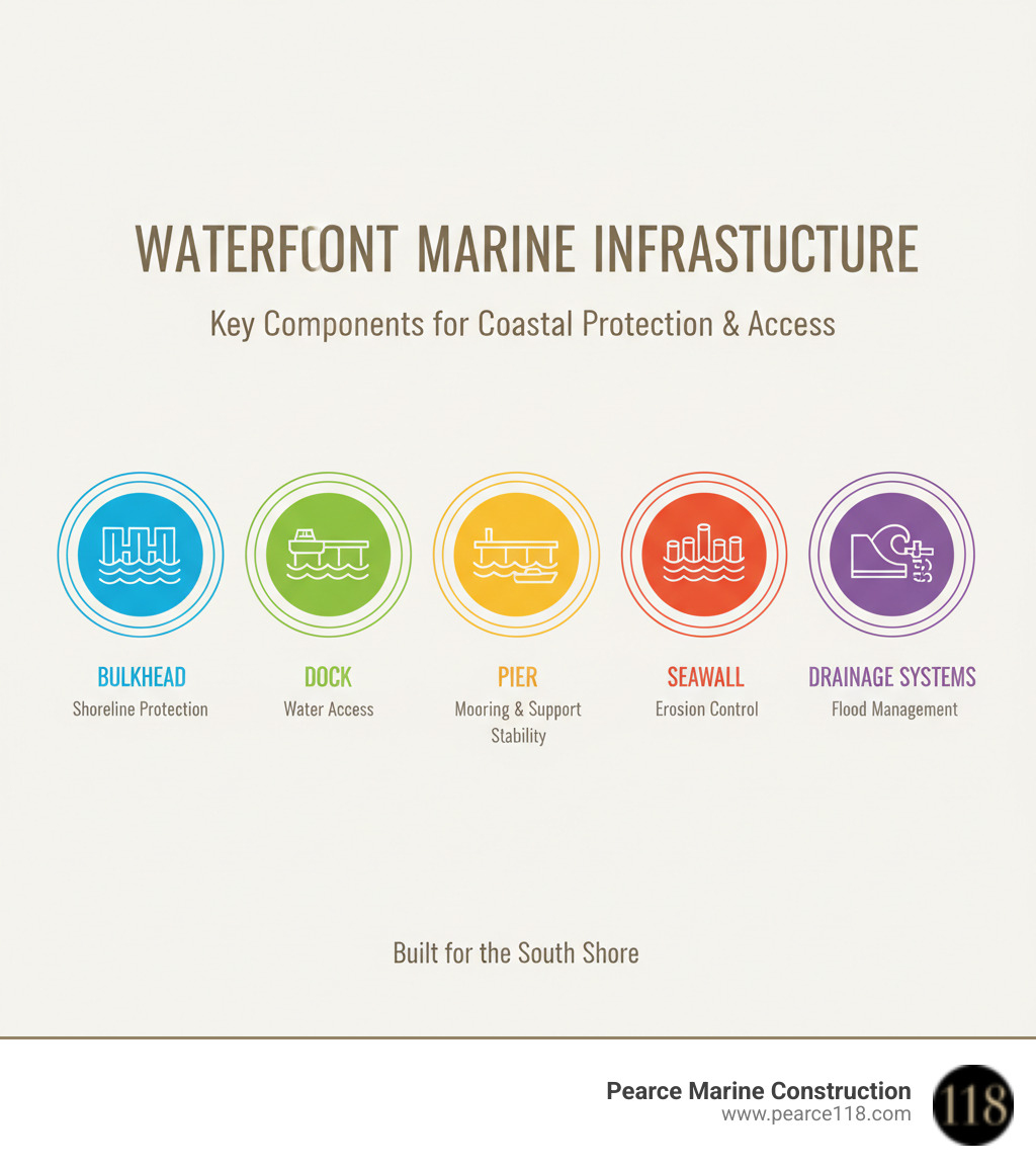 Infographic showing the key components of waterfront marine infrastructure including bulkhead for shoreline protection, dock for water access, pier for mooring and structural support, pile foundation for stability, seawall for erosion control, and drainage systems for flood management - marine construction Massapequa infographic Infographic showing the key components of waterfront marine infrastructure including bulkhead for shoreline protection, dock for water access, pier for mooring and structural support, pile foundation for stability, seawall for erosion control, and drainage systems for flood management - marine construction Massapequa infographic