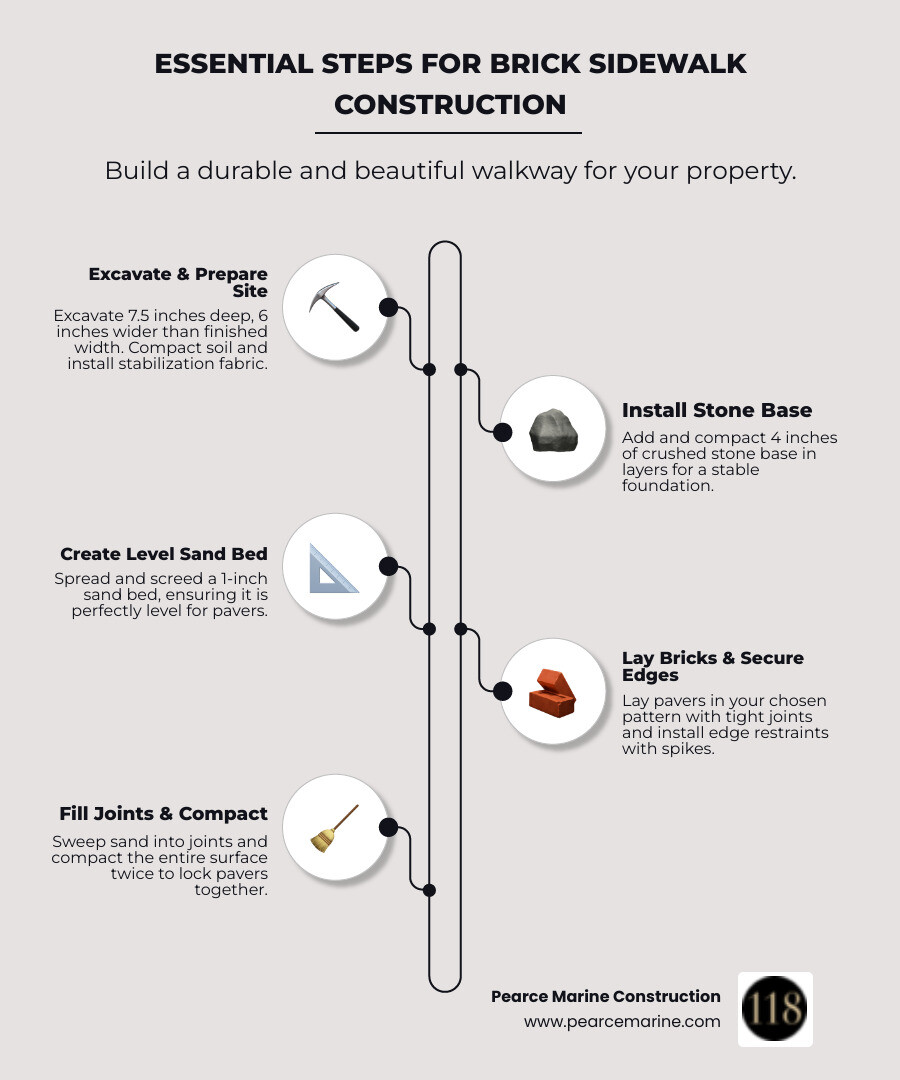 Infographic showing the 7 essential steps of brick sidewalk construction: 1) Excavate site 7.5 inches deep and 6 inches wider than finished width, 2) Compact soil and install stabilization fabric, 3) Add and compact 4 inches of crushed stone base in layers, 4) Spread and screed 1 inch of sand bed level, 5) Lay brick pavers in chosen pattern with tight joints, 6) Install edge restraints with spikes every 12 inches, 7) Sweep sand into joints and compact surface twice - brick sidewalk construction infographic infographic-line-5-steps-elegant_beige