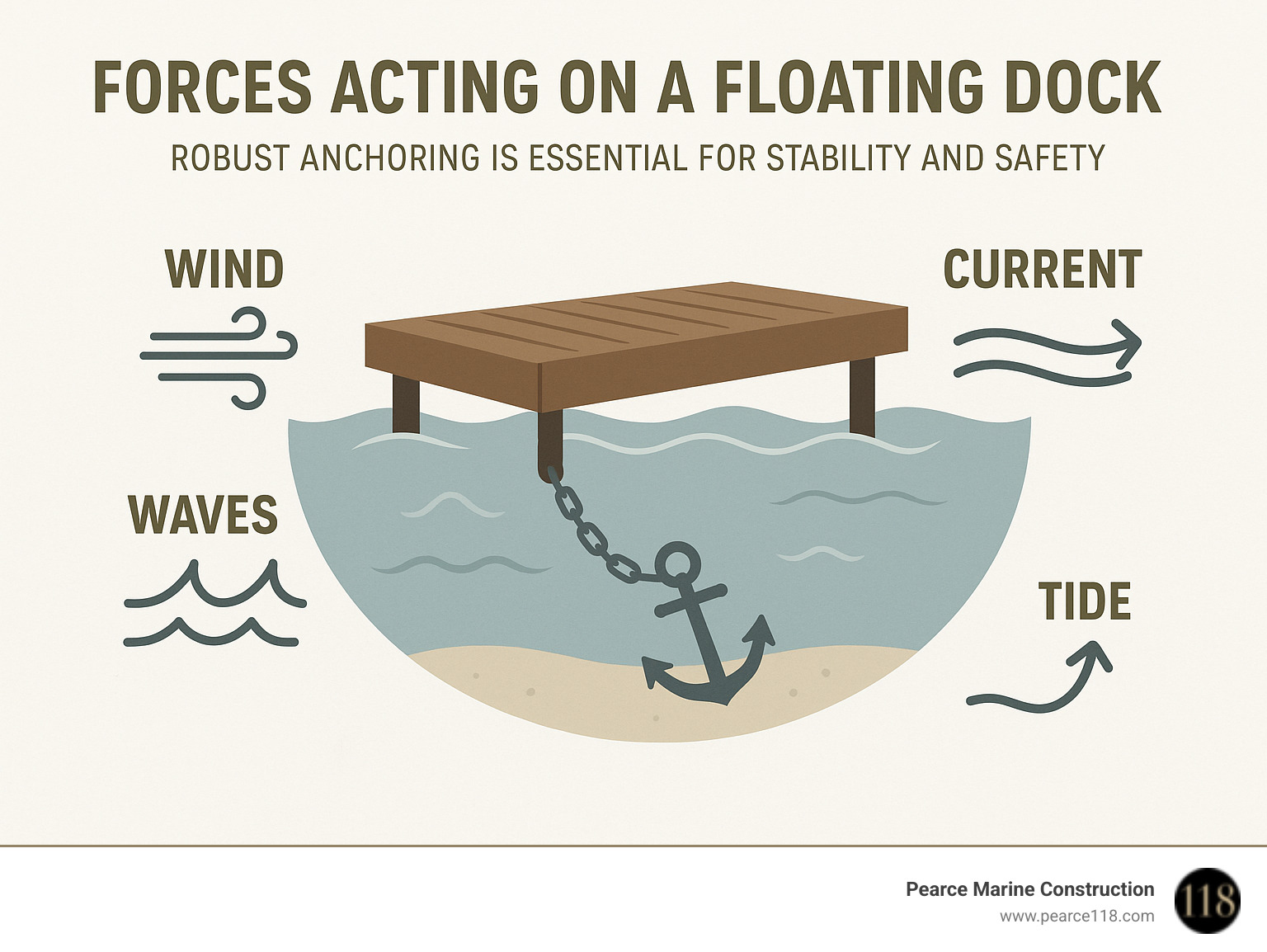Infographic explaining the forces acting on a floating dock: wind, waves, current, and tide, illustrating why robust anchoring is essential for stability and safety. - anchor floating dock infographic 