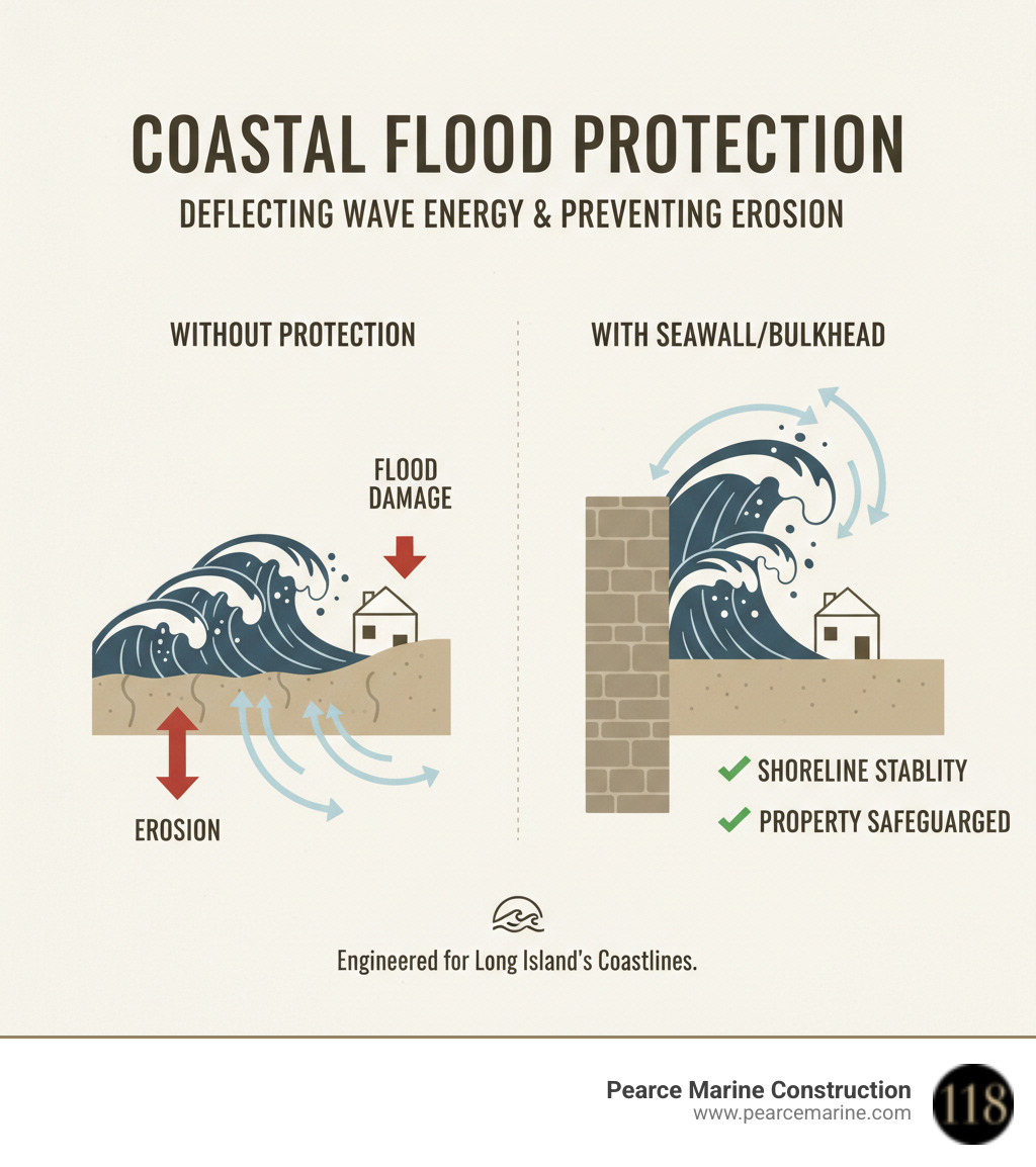 infographic explaining how a professionally constructed seawall or bulkhead deflects wave energy and prevents shoreline erosion during a storm - Flood proofing homes infographic 
