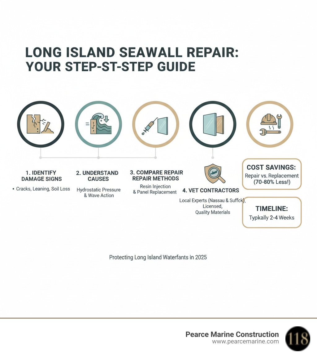 Infographic showing the step-by-step process for finding seawall repair services on Long Island, including: 1) Identifying common damage signs like cracks, leaning, and soil loss, 2) Understanding causes such as hydrostatic pressure and wave action, 3) Comparing repair methods including resin injection and panel replacement, 4) Vetting contractors for licenses, local expertise in Nassau and Suffolk Counties, and quality materials, 5) The professional repair process from inspection to completion, with callouts for cost savings of repair vs replacement and typical project timelines - seawall repair services infographic 