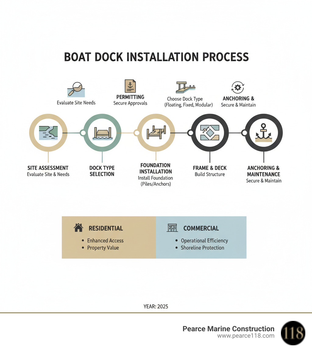 Comprehensive boat dock installation process showing site assessment, permitting, dock type selection, foundation installation, frame assembly, anchoring methods, and maintenance requirements for residential and commercial waterfront properties - boat dock installation infographic Comprehensive boat dock installation process showing site assessment, permitting, dock type selection, foundation installation, frame assembly, anchoring methods, and maintenance requirements for residential and commercial waterfront properties - boat dock installation infographic
