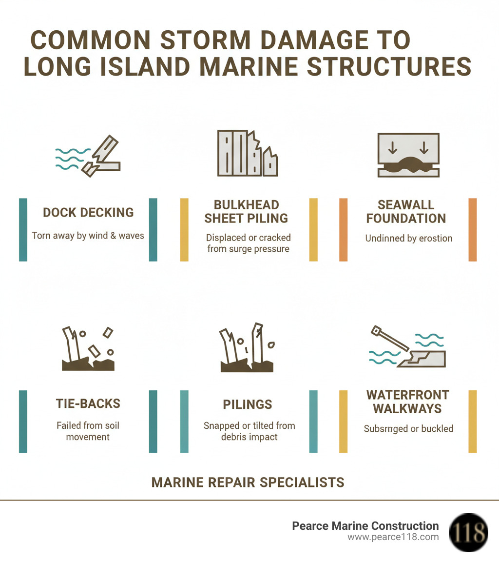 Infographic showing common types of storm damage to Long Island marine structures: dock decking torn away by wind and waves, bulkhead sheet piling displaced or cracked from surge pressure, seawall foundation undermined by erosion, pilings snapped or tilted from debris impact, tie-backs failed from soil movement, and waterfront walkways submerged or buckled - storm damage marine repair infographic 