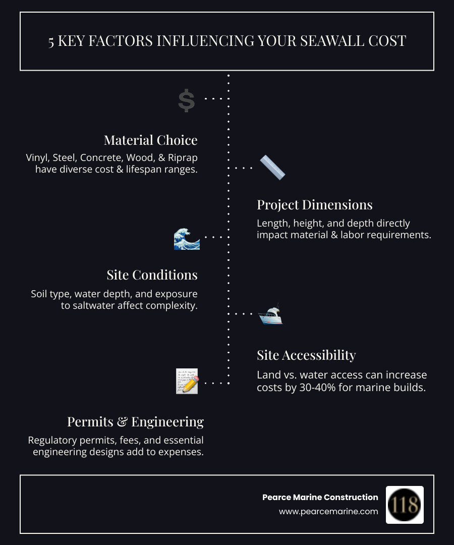 infographic showing five key cost factors for seawall projects: material selection with price ranges, project dimensions including length and height, site conditions covering soil type and water exposure, accessibility comparing land versus water installation with percentage cost differences, and permitting requirements with typical fee ranges - sea wall cost infographic infographic-line-5-steps-dark