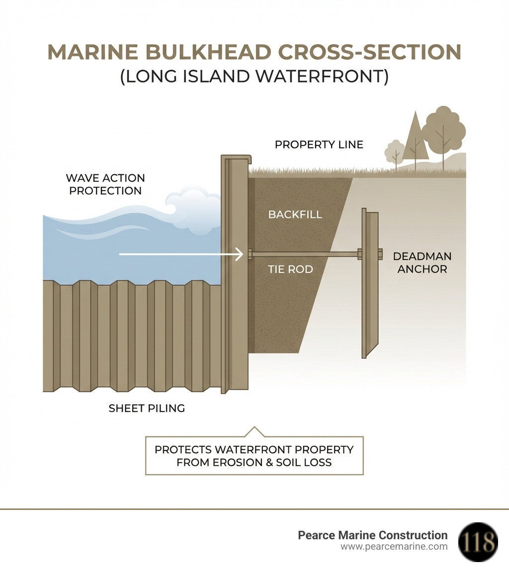detailed infographic showing cross-section of marine bulkhead construction with labeled components including sheet piling, deadman anchors, tie rods, backfill, and wave action protection for long island waterfront property - bulkhead meaning infographic 