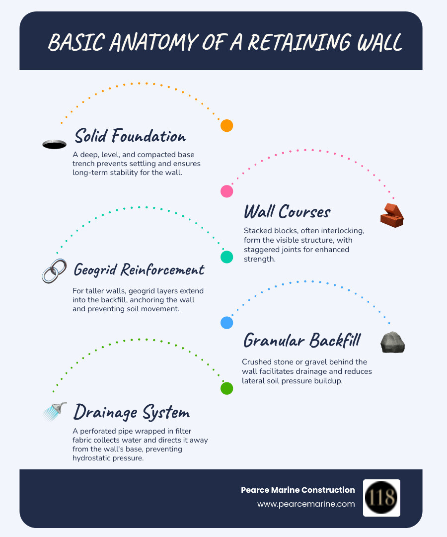 Infographic explaining the basic anatomy of a retaining wall including the base, courses, backfill, and drainage system, highlighting components like the buried foundation, interlocking blocks, geogrid reinforcement, granular backfill, filter fabric, and perforated drain pipe, designed for Long Island's challenging conditions. - retaining wall construction infographic infographic-line-5-steps-blues-accent_colors