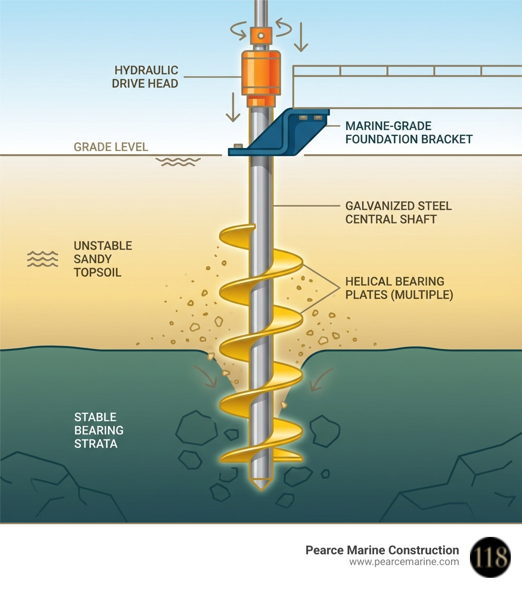 Infographic showing helical pile components: galvanized steel central shaft with multiple welded helical bearing plates spiraling down the length, hydraulic drive head at top, marine-grade foundation bracket at grade level, and soil layers showing penetration from unstable sandy topsoil through to stable bearing strata below - Helical piles Long Island infographic 