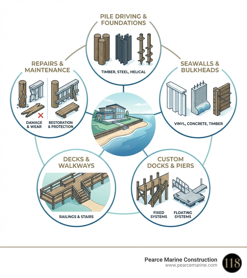 Comprehensive infographic showing the five core marine construction service categories: Pile Driving & Foundations (with timber, steel, and helical pile icons), Seawalls & Bulkheads (showing vinyl, concrete, and timber options), Custom Docks & Piers (illustrating fixed and floating systems), Decks & Walkways (displaying railings and stairs), and Repairs & Maintenance (depicting restoration work), all arranged around a central Long Island waterfront property illustration - marine construction our services infographic 