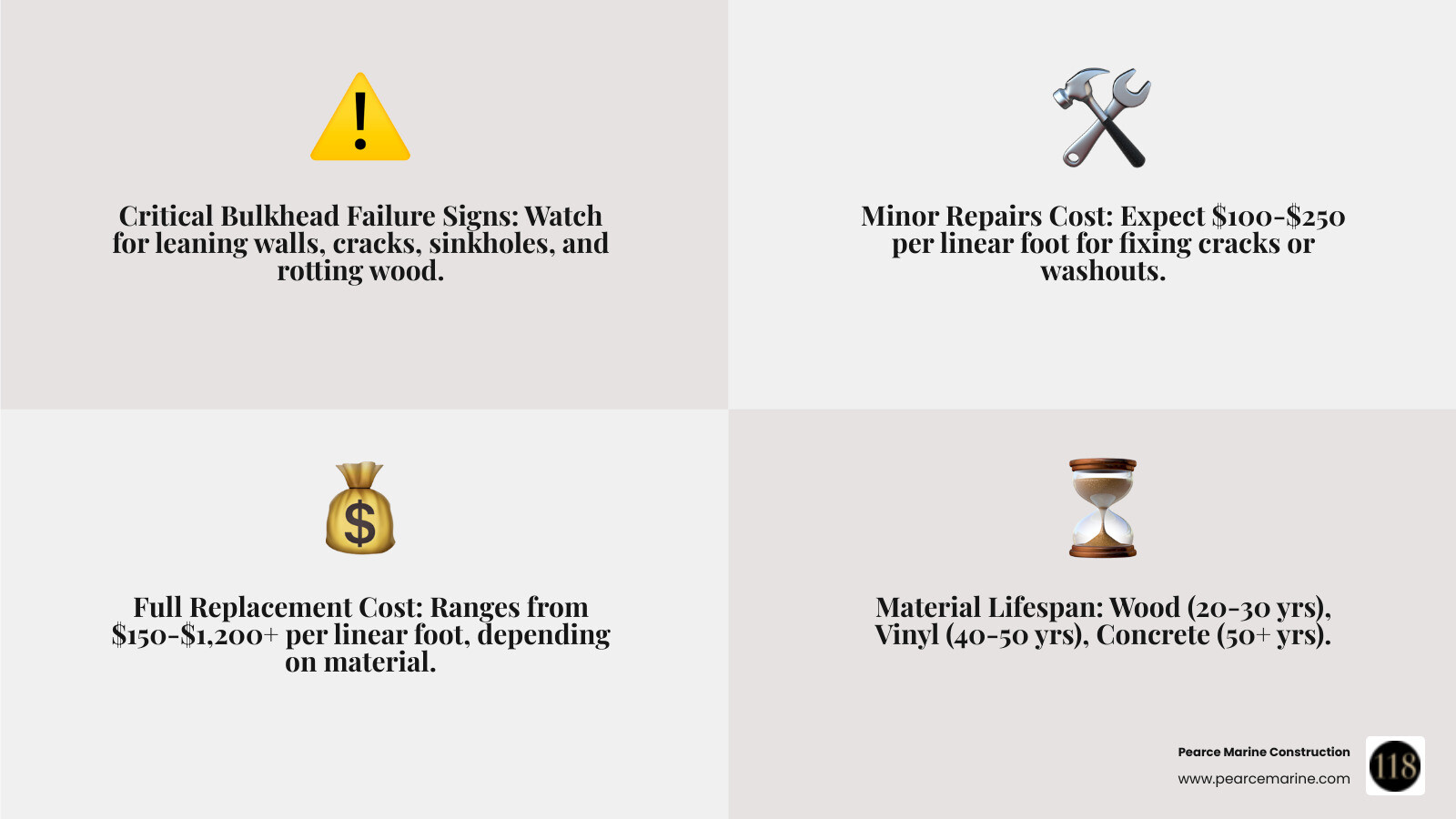 Detailed infographic showing bulkhead failure warning signs including leaning walls, cracks, sinkholes, and rotting materials, alongside cost comparison showing minor repair costs of $100-250 per linear foot versus full replacement costs of $150-800+ per linear foot for different materials like wood, vinyl, steel, and concrete, with timeline showing wood lasting 20-30 years, vinyl 40-50 years, and concrete 50+ years - cost of bulkhead infographic 4_facts_emoji_grey